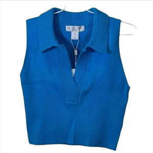 Caroline Constas Knit Blue Ribbed V Neck Crochet Collar Tank size medium